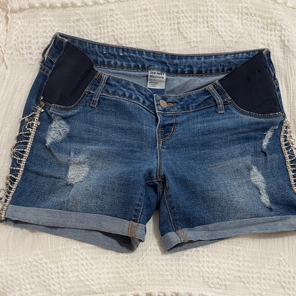 Old Navy Women's maternity, rhinestone fringe Distressed Blue Jean Shorts